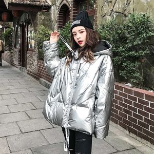 Women's Down Parkas Women's Jacket 2021 Winter New Silver Shining Fashion Down Short Padded Korean Loose Long Mleeves Hooded Bright Bread Coat 39m T221011