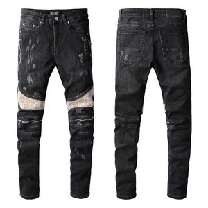 Black Jeans For Man Denim Ripped with Knee Zipper Skinny Fits Slim Guys Mens Biker Moto Straight Vintage Distress Damaged Stretch Pants Long