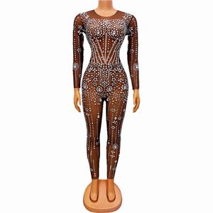 Bar Stage Shiny Rhinestones Mesh Jumpsuit Transparent Crystal Rompers Elastic Tights Women Singer Dancer Performance Show Crystal Leotard Dance Costume