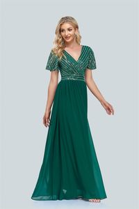 Kleider für besondere Anlässe, kurze Ärmel, V-Ausschnitt, Pailletten, Spleiß, Chiffon, A-Linie, Swing-Kleid, Großhandel, neue Damenparty, großer Abend TW00037