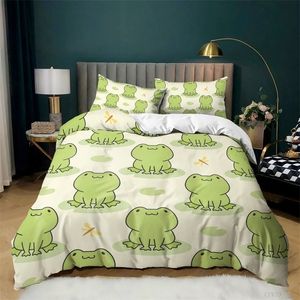 Beddengoedsets Cartoon Kikker Dekbedovertrekset Lichtgroen Cartoon Kikkers Leuke Libel Dierenbeddengoedset voor kinderen Twin Size Polyester Dekbedovertrek 221010