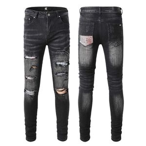Heren Designer Jeans voor man Skinny Black Rip Rock Denim Slim rechte noodfietser Witte ster Hip Hop Motorcycle Blue Gray Taper Riped