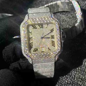 Rose Gold Mixed Sier Large Diamond Roman Numerals Luxury MISS Square Mechanical Mens Icing Cubic Zirconia WatchN7KI