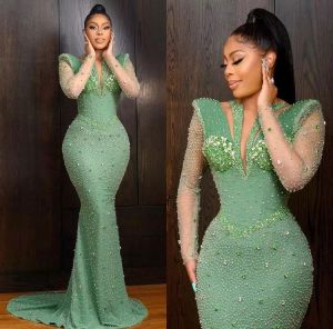 2022 plus size arabic aso ebi luxuoso sereia vestidos de baile brilhantes cristais de miçangas