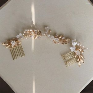 Hair Clips Shiny Zircon Bridal Long Comb Handmade White Flowers Wedding Accessories Gold Leaf Vine Women Headpiece Jewelry