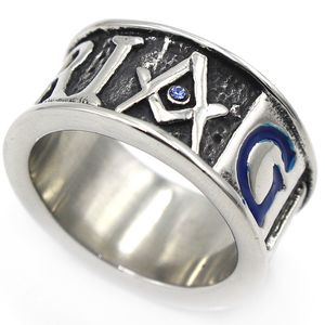 Stainless steel Ancient masonic signet rings retro antique men's compass and square Freemason masonary band ring jewelry with blue enamel stone 12MM width