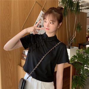 Ethnic Clothing Women Summer Cheongsam Tops Black Vintage Tang Chinese Style T Shirt Female Short Sleeve Blouse Slim Suit