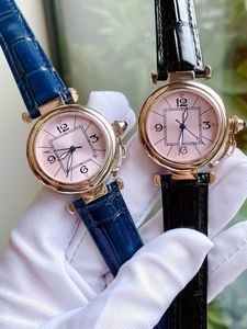 Classic New Pasha Blue Pointer Watches Women Geometric Number Squares Wristwatch Female Genuine Leather Quartz Watch Circle Bezel Calendar Clock 35mm