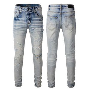 Designer Jeans Mens Paint Denim Ripped with Hole Skinny Fits Slim Biker Moto Straight Leg Spray On Vintage Distress Stretch for Guys Man