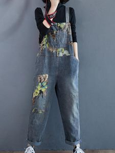 Kvinnors jeans vår ärmlös denim jumpsuit kvinnor blommor tryck mode hängslen casual lossa overaller kvinnliga rompers 221011