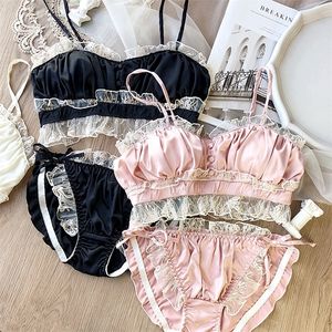 Set di reggiseni Wriufred Set reggiseno a fascia vintage in raso di pizzo senza ferretto casa privata set di biancheria intima sexy da fata biancheria da notte biancheria intima di cotone 221010