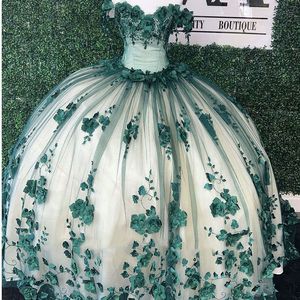 Ballcown Quinceanera klänningar med handgjorda blommor pärlband av remmarna från axeln söt 16 födelsedagsfest prom formell kvällskläder vestidos 403