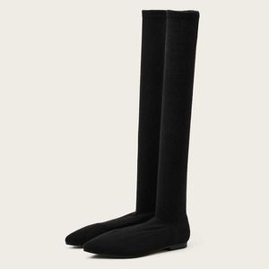 Bot Boyut 34-40 Moda İnce Bacak Uyluk Yüksek Çorap Botları Kadın Siyah Streç Kumaş Saçlı Ayak Ayak Topuklu Düz Topuklu Ayakkabılarda T221010