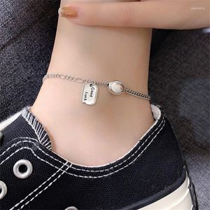 Fußkettchen, modisches Design, Glücksbohne, Knöchel-Armband am Bein, Buchstaben, quadratisch, 925er Sterlingsilber, Boho-Schmuck, Damen-Strand-Accessoires