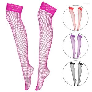 Mulheres meias de meias de pesca sexy de verão de malha transparente da coxa de alta elasticidade sobre o joelho nylon meia cor 6 cor