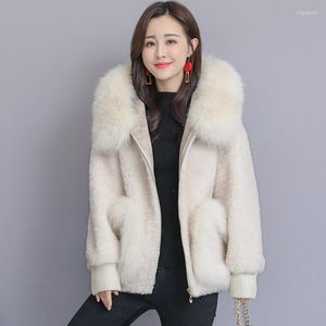 女性の毛皮のフード付き秋の冬女性フェイクコートピンクファーラリージャケットファッション韓国語プラスサイズマントーフェムヒバー2022 KJ4295