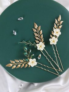 Headpieces Golden Leaf Flower Hairpins Green Rhinestone Women Vintage Bridesmaid Gift Wedding Hair Accessories Bridal Hairclip