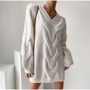 Maglioni da donna Mini abito maglione con scollo a V bianco da donna Oversize Casual manica lunga Twist Weave Abiti lavorati a maglia 2022 Inverno sciolto