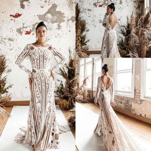 Champange Bohemiain Abiti da sposa a sirena con maniche lunghe 2023 Abiti da sposa country senza schienale in pizzo all'uncinetto Rue de Seine