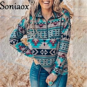 Womens Hoodies Sweatshirts Spring Autumn Women Ethnic Style Geometry Print Sexy StandUp Collar Zipper LongSleeve Casual Pullover 221010