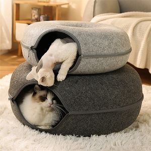 Camas de gato móveis cama de rosquinha redonda com cesta de zíper cesto natural feltro caverna ninho