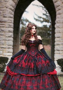 Bröllopsklänning Princess Lolita Long Vintage Corset Black and Red A Line Strapless Tiered Beauty Off Shoulder Dresses for Women