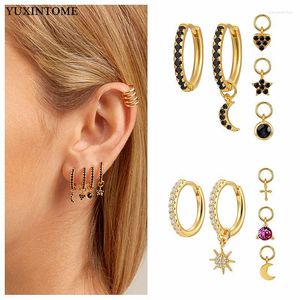 Hoop￶rh￤ngen 925 Sterling Silver Ear Needle Crystal Zircon Pendant Earring Set Star Moon/Feather Women's Party Huggie Jewelry Gifts
