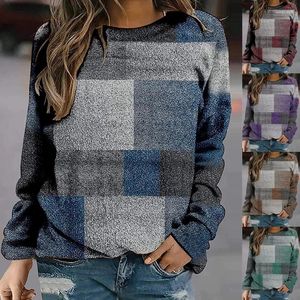 Women's Hoodies 2022 Autumn And Winter Women's Casual Loose Plaid Printing Long-sleeved T-shirt Vintage O-Neck Oversize Pullover