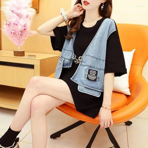 T-shirt da donna T-shirt estiva a maniche corte T-shirt da donna in denim con cuciture a media lunghezza Versione coreana Taglie forti Camicetta superiore