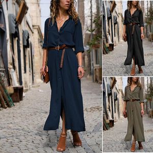 Casual Dresses Women's Shirt Dress with Belt Long Sleeve Straight V Neck Elegant Button Ankle-Length Vestidos