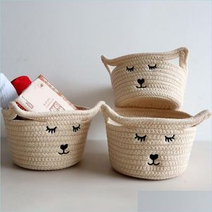 Storage Baskets New Cat Ear Embroidery Desktop Storage Baskets Cotton Thread Woven Basket Household Sundries Drop Delivery 2022 Home Dhslq