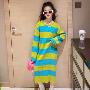 Jurken Girls Sweater Herfst Winter Loose Striped Long Knitted For Kids Sleeve Fashion All-Match Teen Children Deskled Y2209
