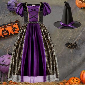 女の子のハロウィーンコスプレドレス子供用パープルブラックウィッチコスチュームドレスドレスキッズウィッチコスチュームハロウィーンのパーティーの帽子と