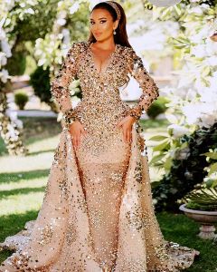 2022 Arabic Aso Ebi Gold Sparkly Luxurious Prom Dresses Beaded Crystals Sheer Neck Evening Formal Party Second Reception Gowns Dress