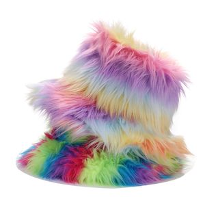 Roupas étnicas Inverno Personalidade Tendência Designer Bucket Hat Engraçado Fluffy Plush Cap Feminino Masculino Long Fur Rainbow Gradiente Chapéu Mulheres