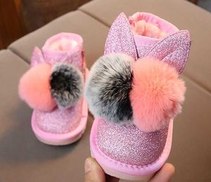 Boots Little Girls Bunny Pom Poms Glitter Ankle Boot Faux Fur Pink Red Black Animal New Warm Snow SandQ Baby L221011