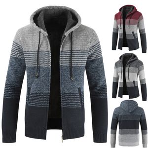 ファッション冬の厚い編み物のジャケットコート男性のためのスプライス色カーディガンジッパーカジュアルフリースフード付きアウター8821