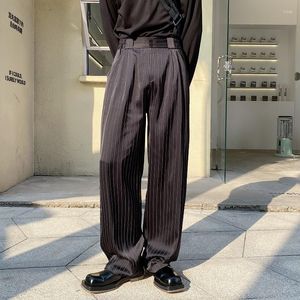 Herrbyxor män stripe wide ben casual kostym mode trend satin koreanska streetwear vintage byxor manlig rak svart vit