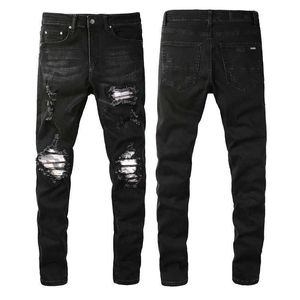 Jeans strappati neri per uomo Denim Mens Skinny Biker Slim ginocchio strappato afflitto con foro Fit Street Tinta unita Trendy lunga cerniera dritta