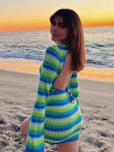 Casual Dresses s Women Dress Sexy Y2K Green Stripe Knit Summer Beach Club Party Outfits Fashion Bodycon Backless Mini