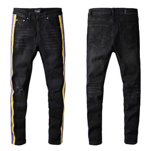 Killar svarta jeans med gula grim kn￤h￥l rippade f￶r man byxor raka ben mens mager orolig robust robust dragkedja mitten denim l￤nge