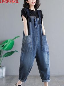 Women's Jean Jumpsuits Casual Loose Denim Rompers Ladies Retro Simple All match Strap Nine point Cargo Pants Overalls 221011