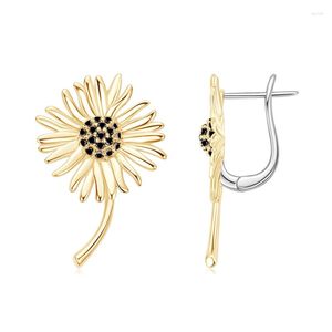 Hoop Earrings Anziw Sunflower For Women Girls Two Tone 14K Gold Plated Sterling Silver Black Cubic Zirconia Jewelry Birthday Gifts