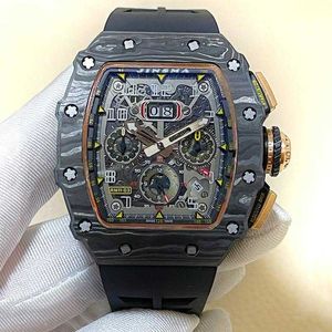 Red Devil Carbon Fiber Watch Mens 와인 배럴 투명한 순 동일한 기계적 RM056