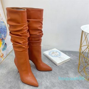 디자이너 -Autumn and Winter Knight Boots 디자이너 럭셔리 여성 가죽 100% 긴 부츠 패션 섹시한 뾰족한 검은 브라운 레이디스 부츠 35-42