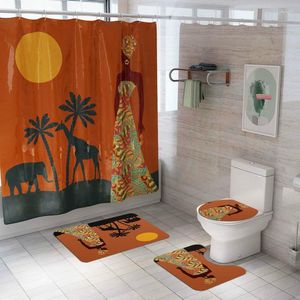 Carpets Cilected 4Pcs/Set African Woman Print Shower Curtain Carpet Toilet Seat Mat Bath Rug Set Bathroom Partition With12 Hooks