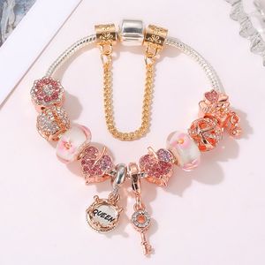 New Rose Gold Charm Bracelets Charmos Cherry Blossom Pingente Pingente Pink esmalte rosa flor coração