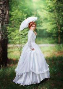 Vintage weißes Rokoko-Hochzeitskleid aus dem 18. Jahrhundert mit langen Ärmeln, Braut-Ballkleid, Stehkragen, Stufenrock, Sweep-Zug, Robe De Mariee, Vestidos 2023