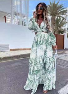 Casual Dresses Robe Boheme Femme Chic Summer Long Sleeve V Neck Hollow Cut Out Printed Swing Maxi Dress Boho Hippie Beach Semester