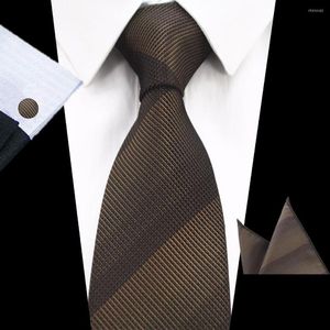 Bow Ties Gusleson markası ipek ekose kravat seti 8cm kahverengi gri kravat Gravata cep kare mendil manşetleri düğün için takım elbise